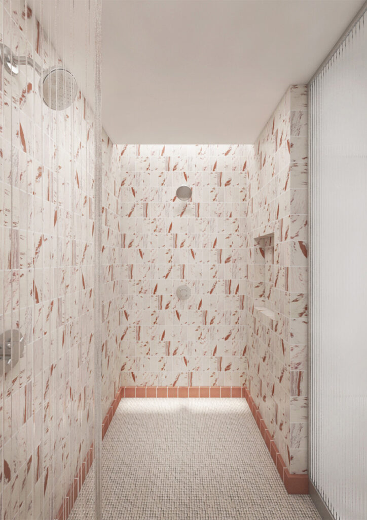 A luxurious, modern bathroom designed by Coppel Design for the Studio City project, featuring elegant marble finishes, minimalist fixtures, and soft ambient lighting that creates a serene, spa-like atmosphere.