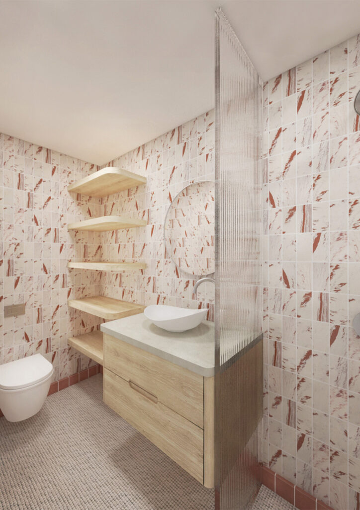 A luxurious, modern bathroom designed by Coppel Design for the Studio City project, featuring elegant marble finishes, minimalist fixtures, and soft ambient lighting that creates a serene, spa-like atmosphere.